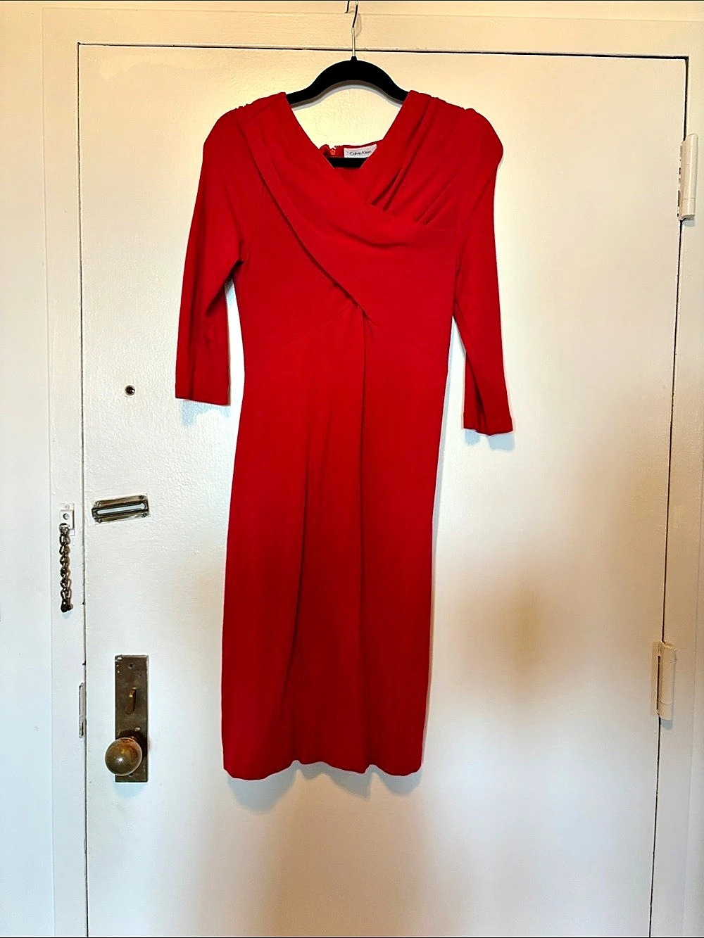 Calvin Klein Pleated Draped Criss-Cross Midi Sheath Dress Red Size 8
